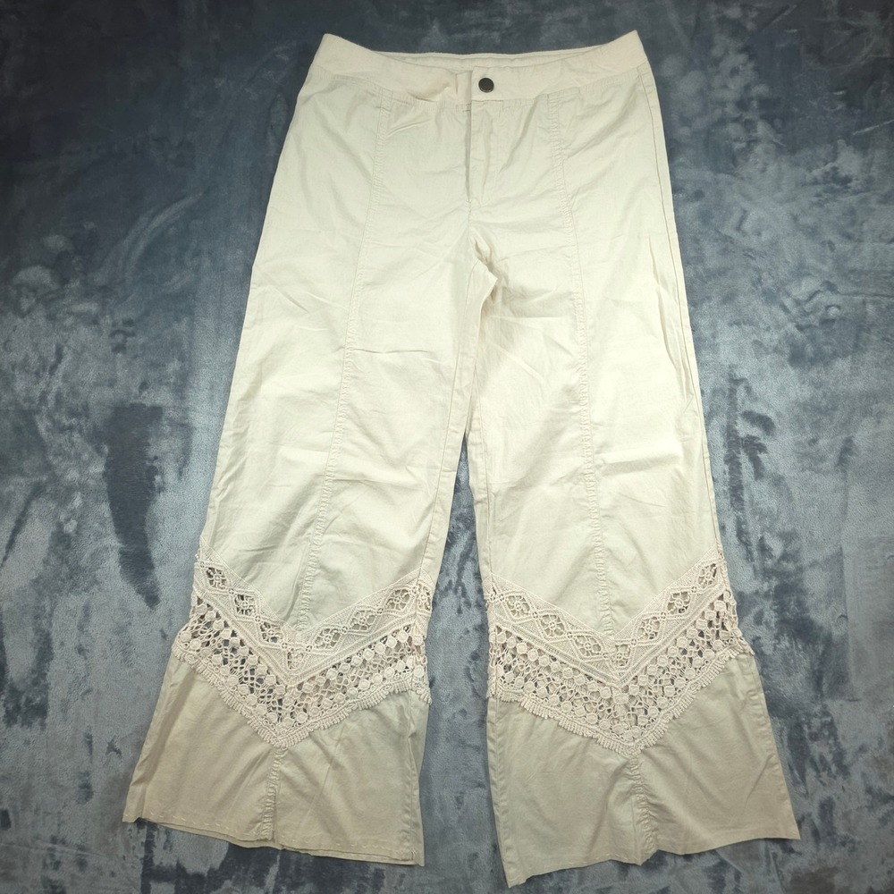 XCVI Women Beige Wide Leg Crochet Lace Inset Pants Size S Hemmed Boho 21423RS